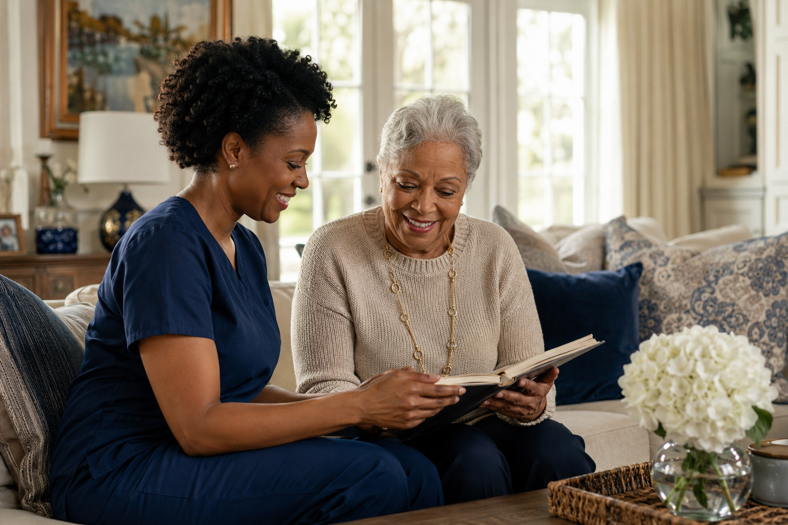 Professional caregiver supporting an elderly client